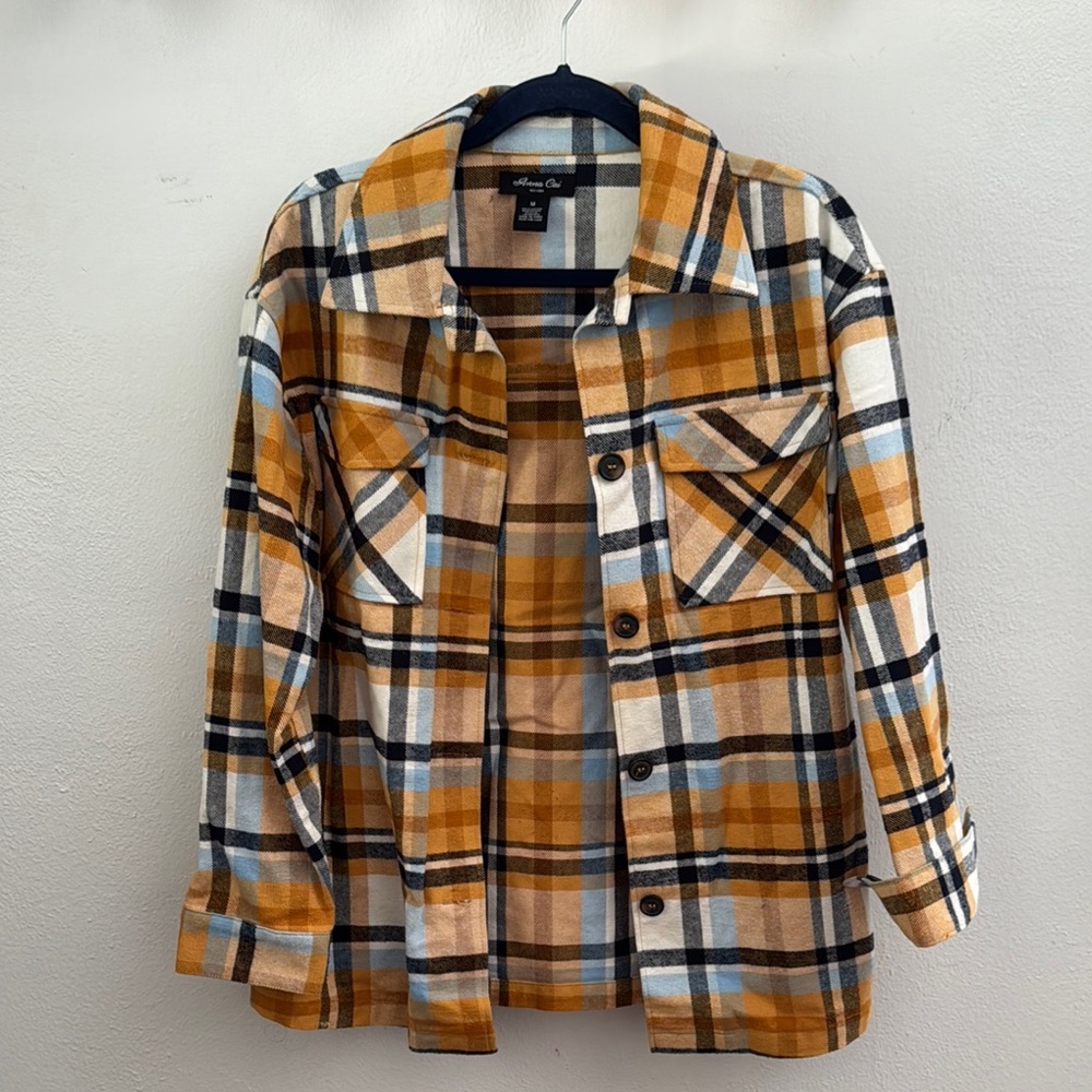 Plaid Button-Up Shacket in Mustard and Blue